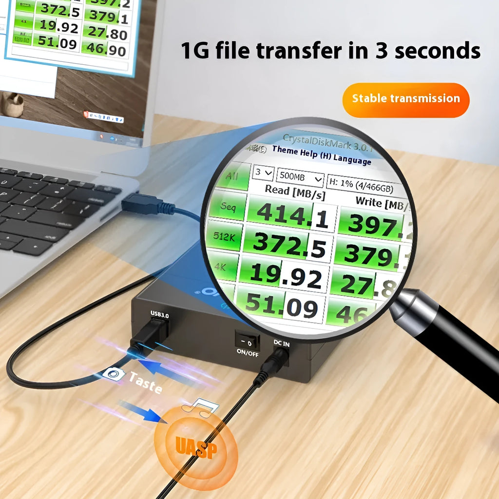 USB 3.0 hard disk enclosure for 3.5 inch SATA drives with sliding cover and multiple colour options