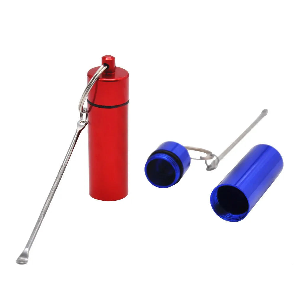 Aluminium portable pill box with spoon and keychain in five colour options