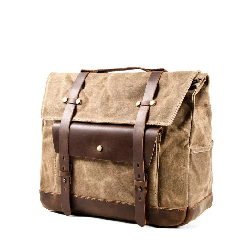 Camel Bag Knight cotton messenger bag in army green with rivet details, showing internal zipper and phone pockets.