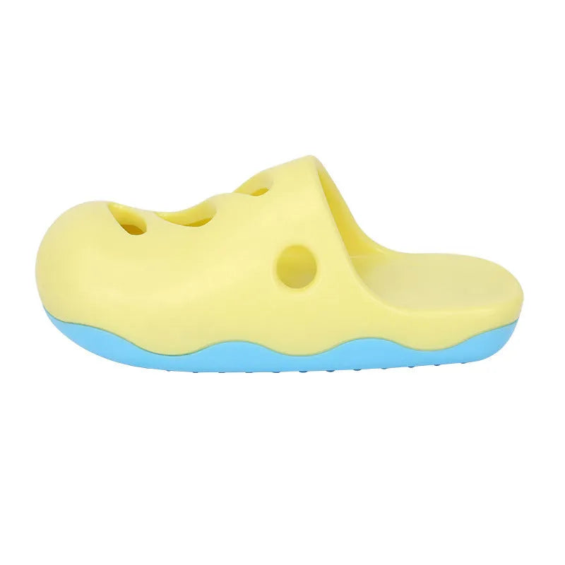 Blue and yellow TPR dog bath massage brush with three head pattern options for pet grooming