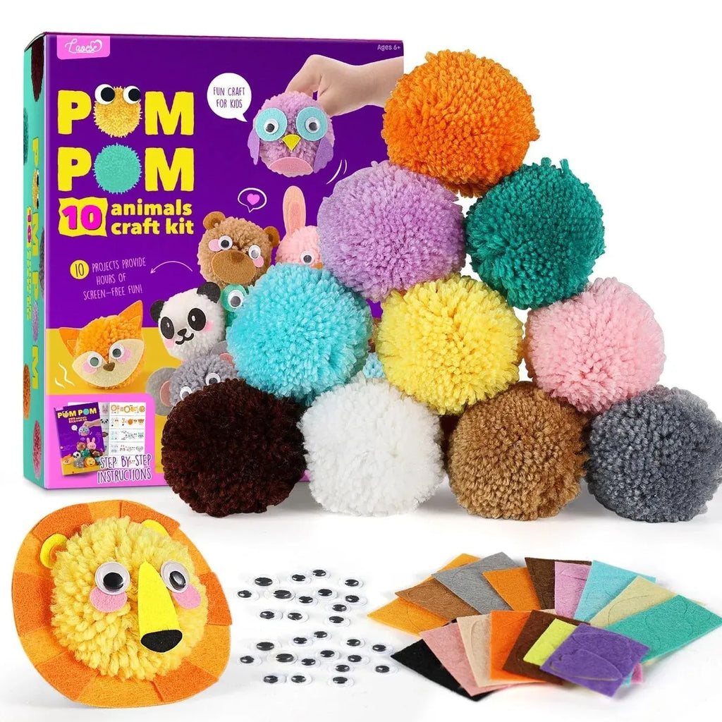 DIY children's educational toy set with five craft styles including animal pom-pom and unicorn rainbow