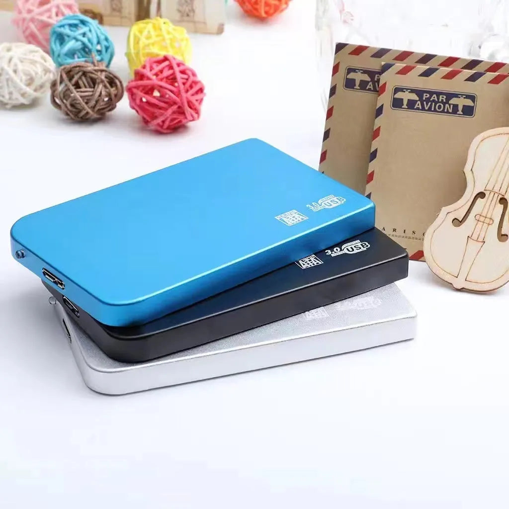 USB 3.0 solid state mobile hard disk with metal shell in black, blue, red, and silver colour options.