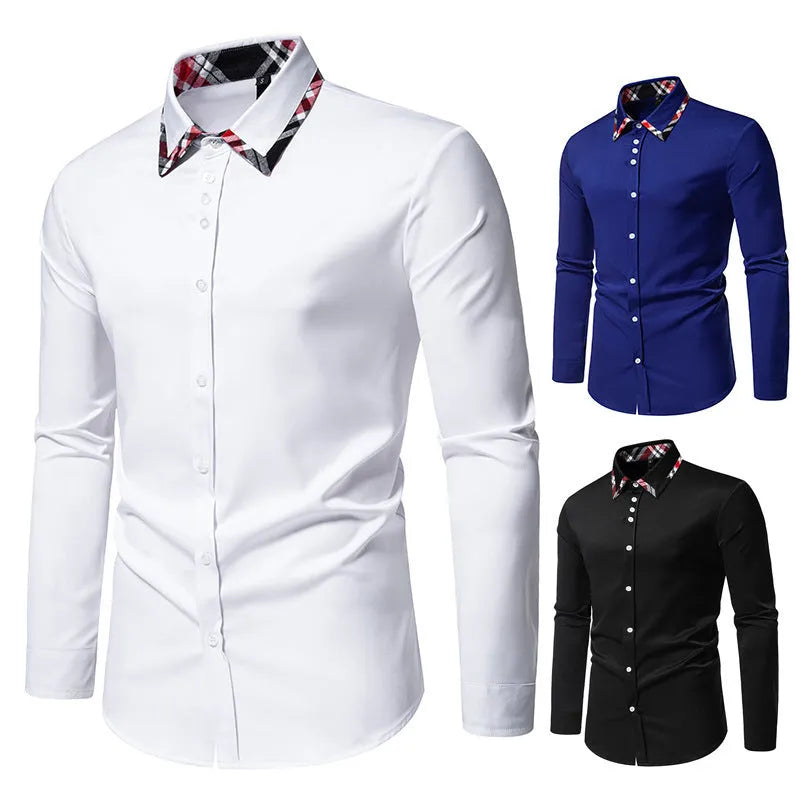 Men's blue plaid long sleeve shirt with a triangle collar and contrasting trim.