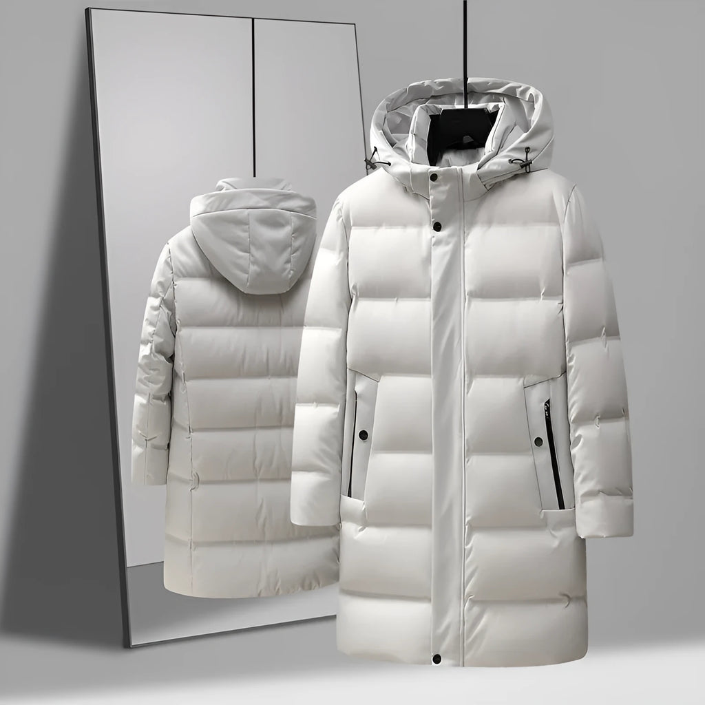 Men's mid-length solid colour polyester fibre down jacket coat for casual winter wear, available in black
