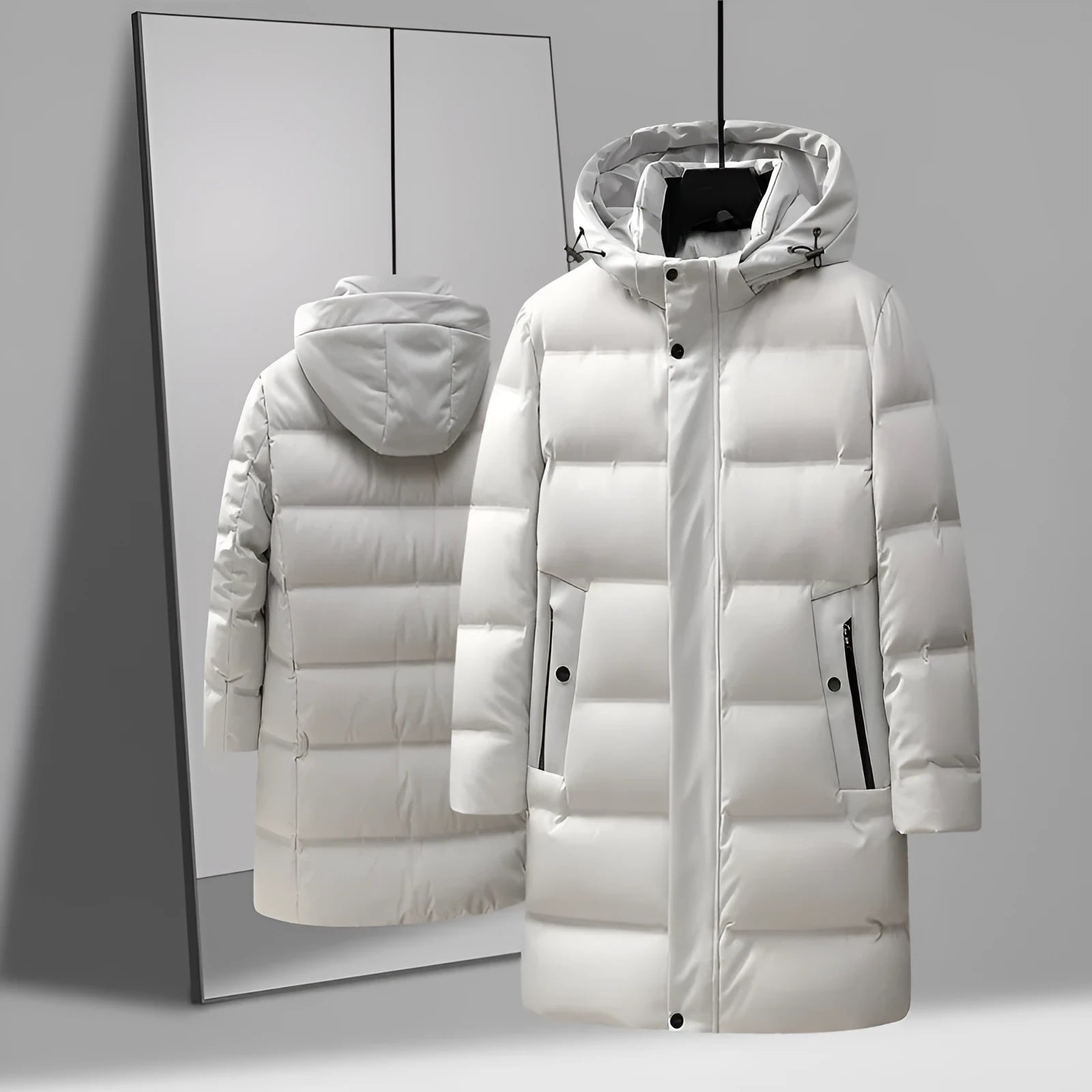 Men's mid-length solid colour polyester fibre down jacket coat for casual winter wear, available in black