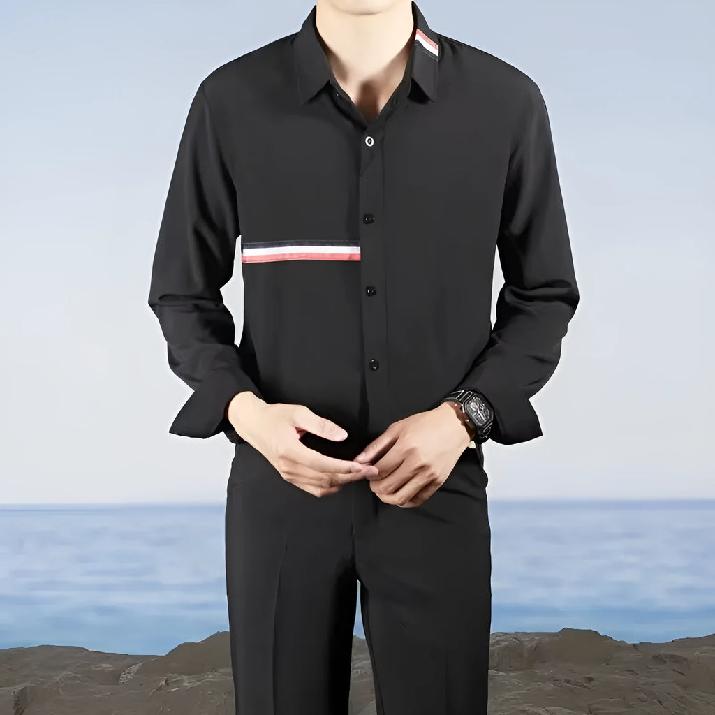 Hong Kong style loose fit cotton blend shirt in light blue, showing cardigan design on a hanger.