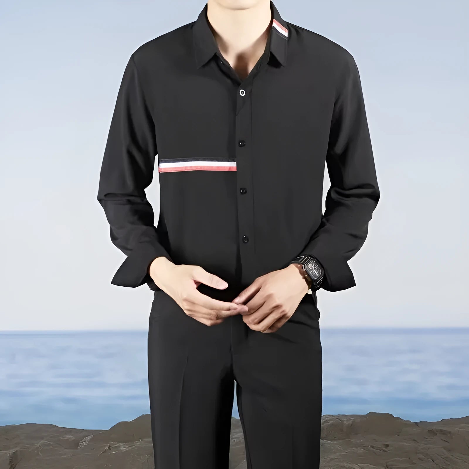 Hong Kong style loose fit cotton blend shirt in light blue, showing cardigan design on a hanger.