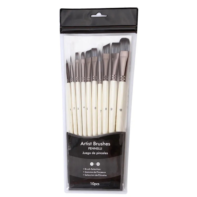 Set of ten pearl white and black nylon watercolour brushes with wooden handles.