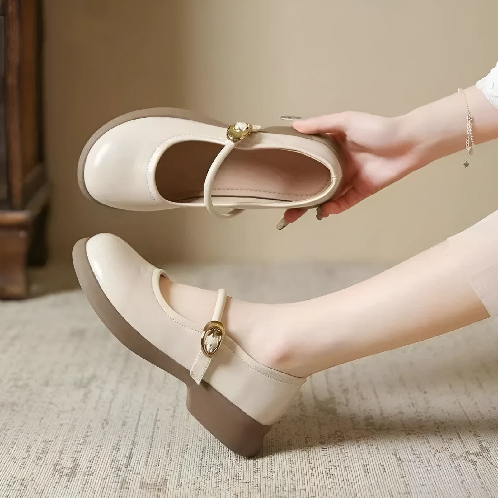 Black flat leather shoes with skull pattern, wedge heel, and round toe for cheongsam outfits