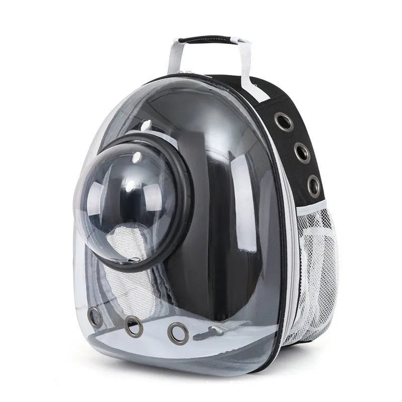 Astronaut-shaped grey cat carrier bag with side opening and medium capacity.