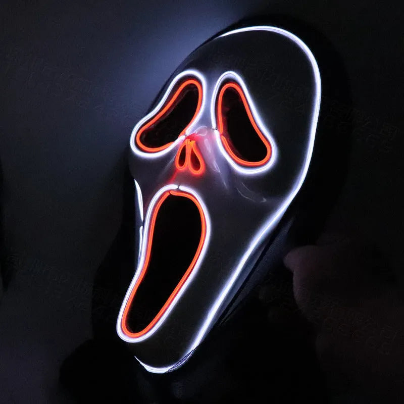 Halloween scary skull LED glowing screaming mask with white shell and ice blue light