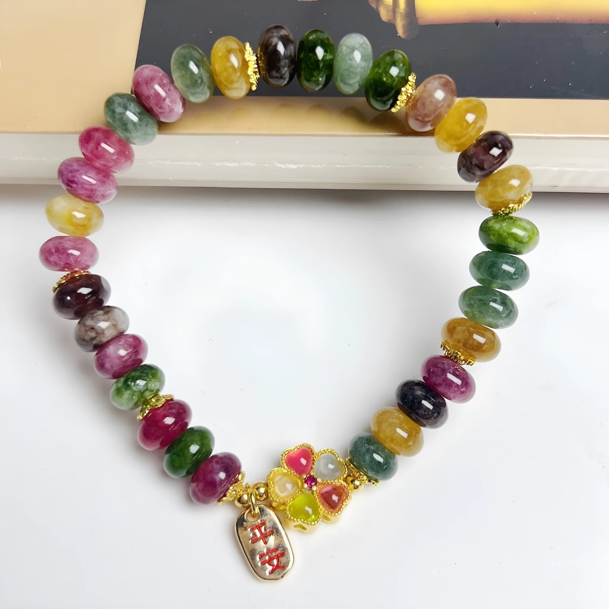 Colourful tourmaline abacus beads jade bracelet for women with artificial crystal beads