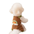 Small dog wearing beige corduroy overalls with rainbow print, autumn winter outfit