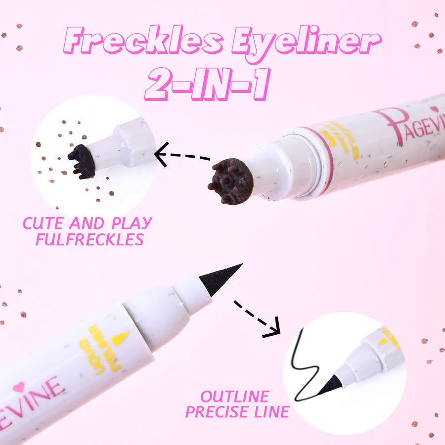 Women's double-headed brown liquid eyeliner pen with fleck removal tip and eyebrow pencil included on white background