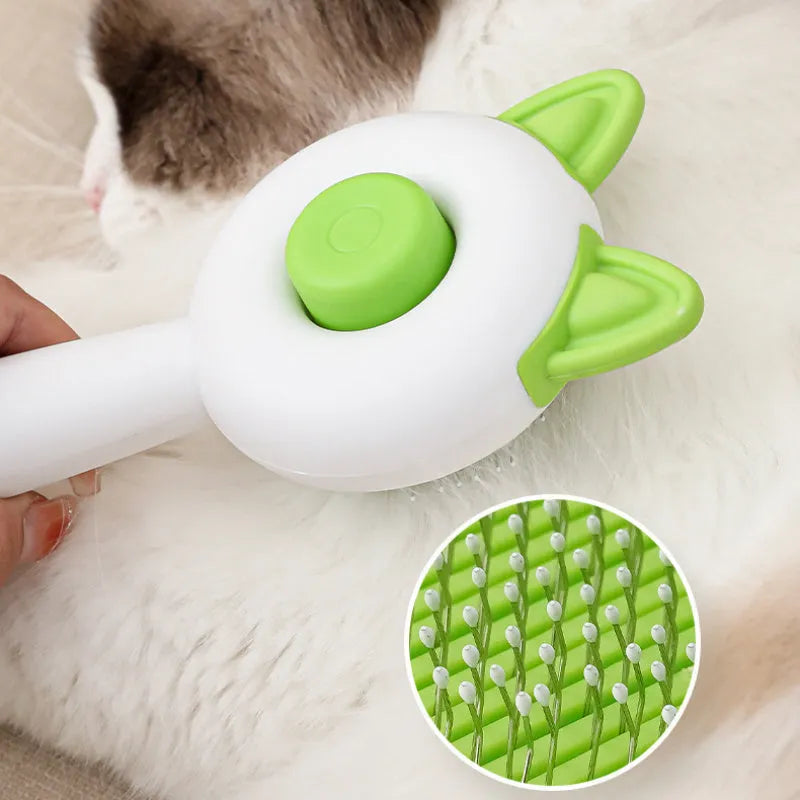 Self-cleaning cat grooming brush with stainless steel bristles in greenish white and orange white colour options