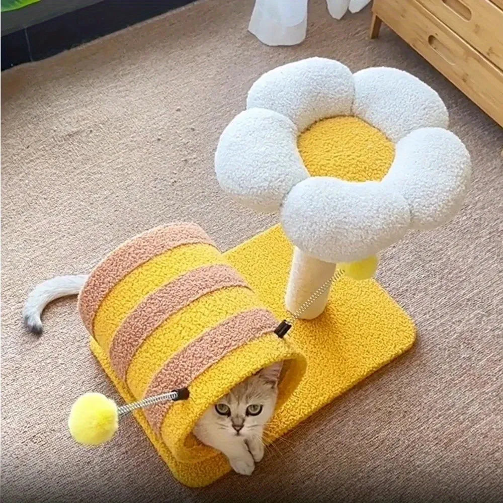 Yellow four-in-one cat tree with sisal scratching post and built-in tunnel.