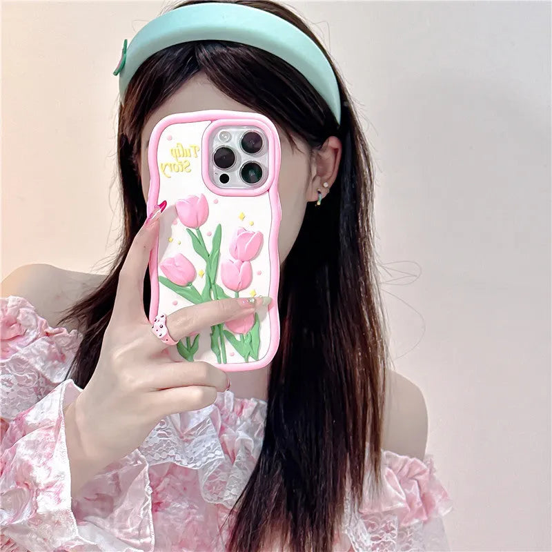 3D silicone tulip phone case in pink colour matching frosted finish for iPhone