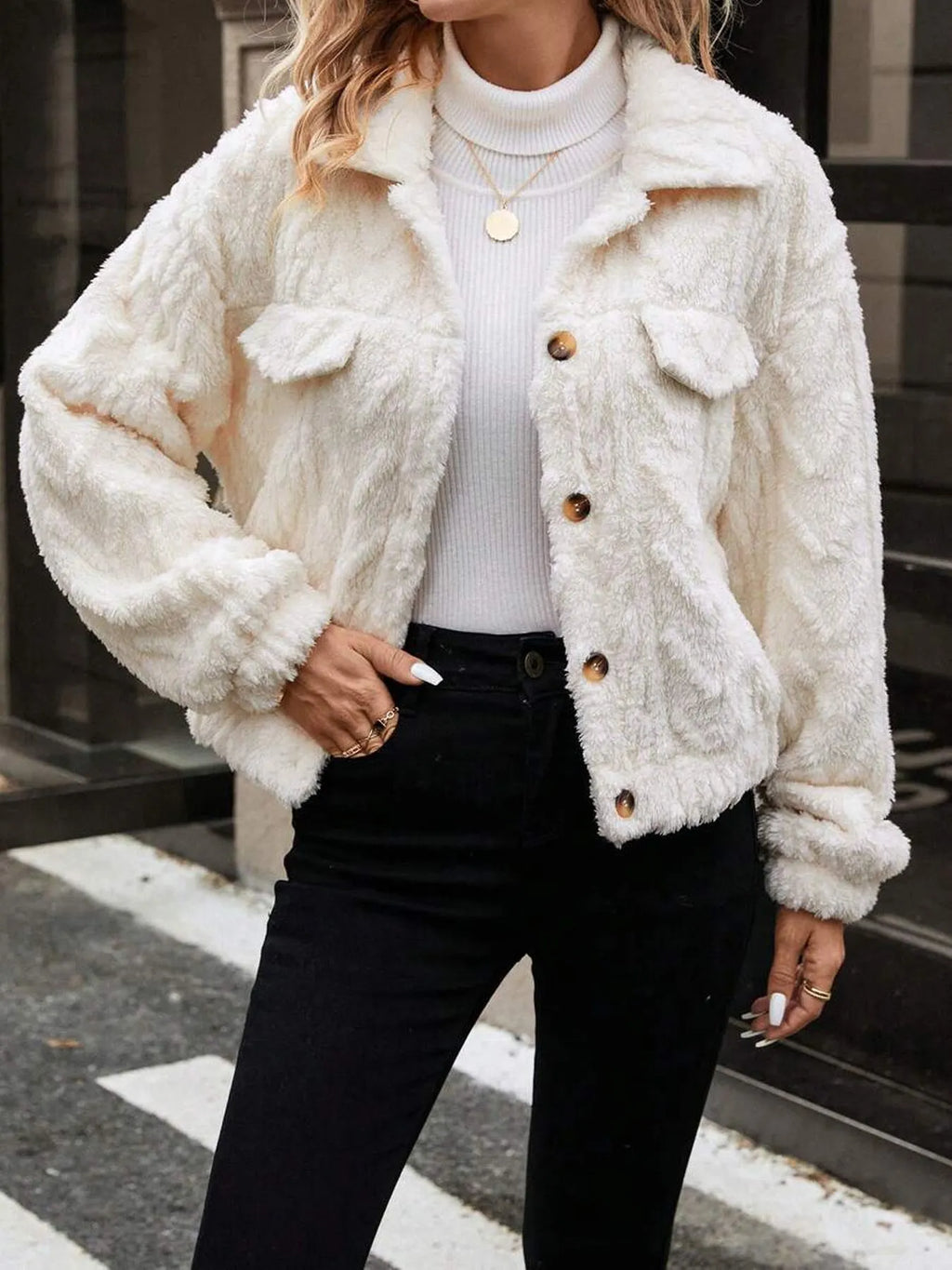 Ivory white women's cardigan jacket with button front and long sleeves