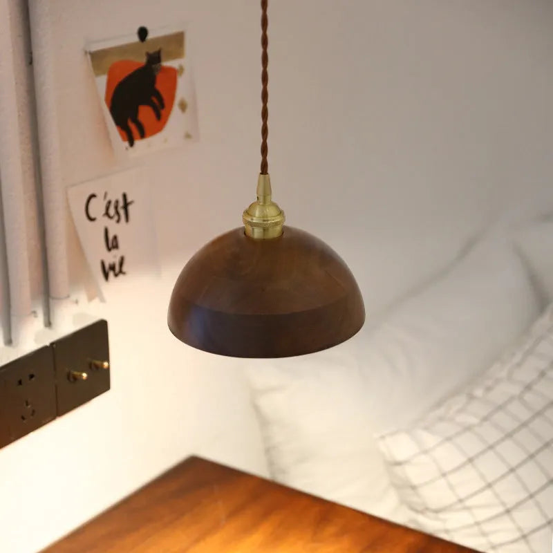 Black walnut and copper single-head droplight chandelier with an E27 lamp holder.