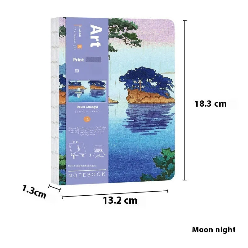 Ukiyo-e Kanagawa wave art cover hand ledger notebook open on a table.