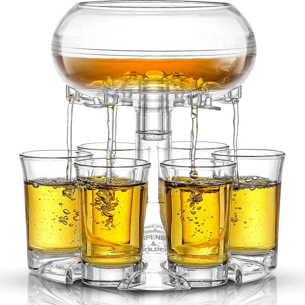 Clear six-shot glass dispenser holder with rack and six cups on a bar table.
