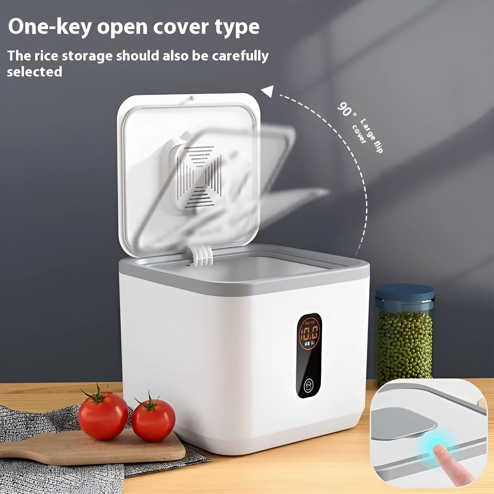 Grey plastic airtight rice storage jar with snap-lock lid and a measuring cup, shown in 10kg, 20kg, and 30kg size options.