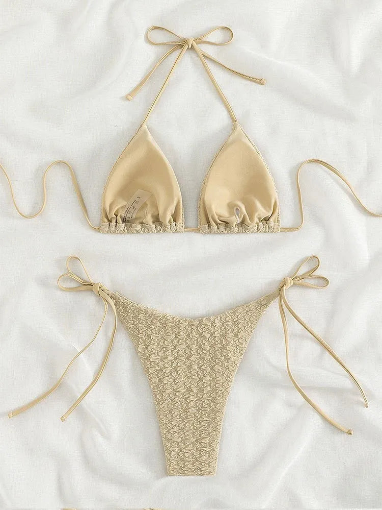 Women's high waist lace-up bikini swimsuit in khaki, blue, pink or black colours