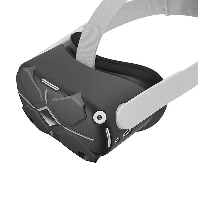 Black silicone VR accessory set showing glasses protective cover, eye mask, and controller handle grips.