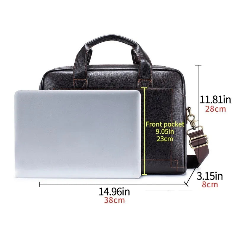 Men's genuine first layer cowhide leather portfolio bag in brown, fits 15-inch laptop, simple solid colour design