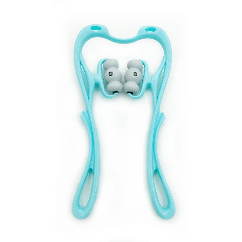 Blue handheld neck massager with rotating head showing pressure point nodes