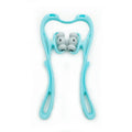 Blue handheld neck massager with rotating head showing pressure point nodes