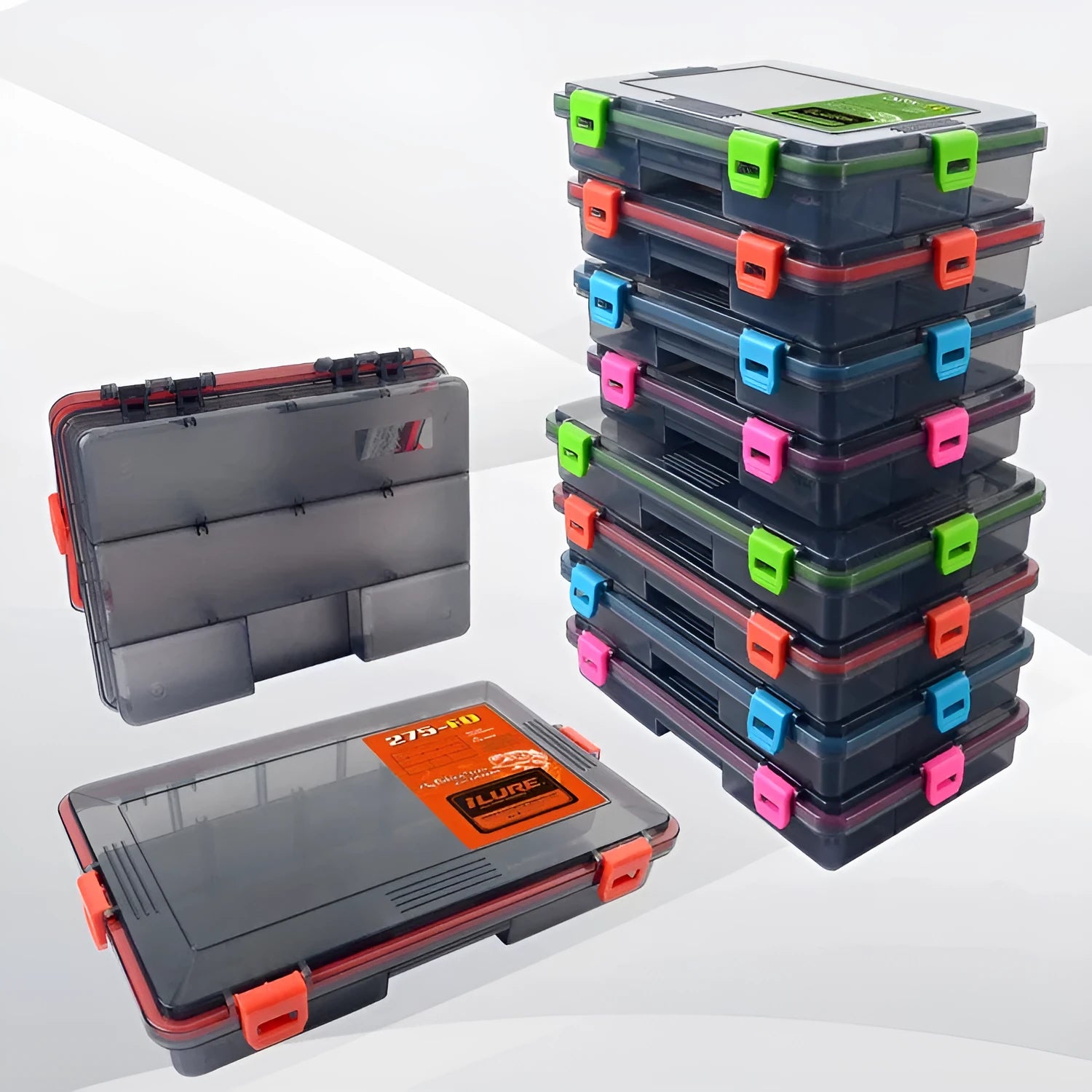 Blue waterproof PP plastic fishing lure storage box with lid open, showing compartments.