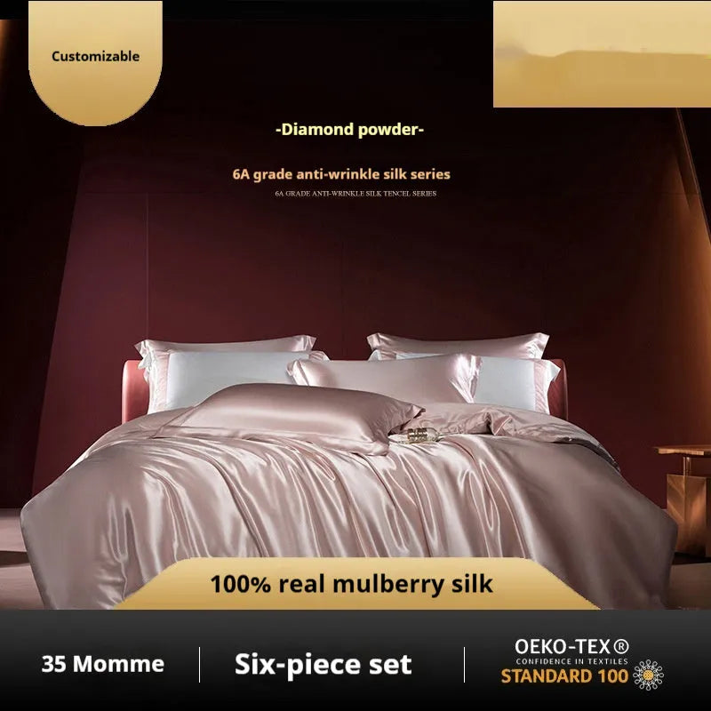 Household Fashion silk duvet cover and pillowcases in Morandi Pink colour on a bed