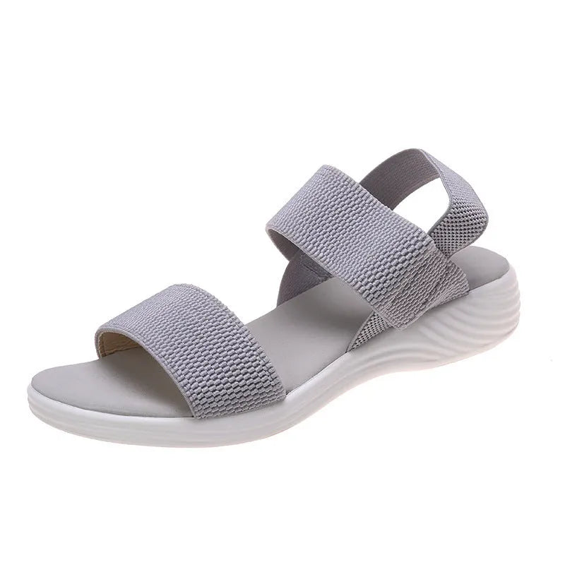 Women's platform beach sandals double strap Roman style round toe faux leather solid colour black elastic slip on shoe