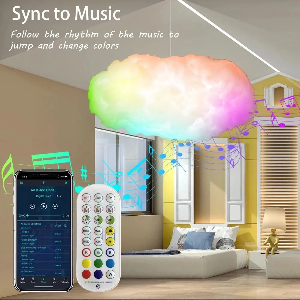 White fabric cloud pendant light with colour-changing LED lighting and USB cable