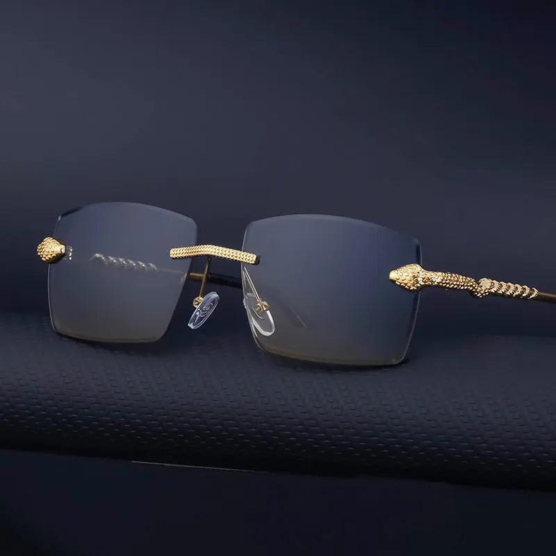 Men's rimless sunglasses with golden tea wood grain bag frame and PC lenses