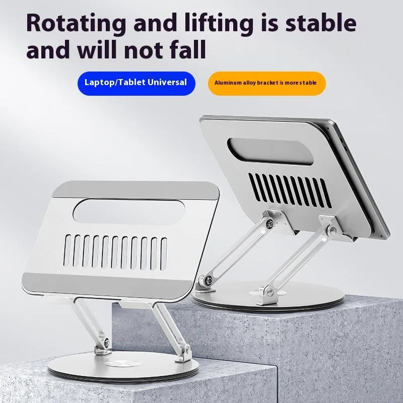 Silver aluminium alloy foldable and rotatable laptop stand on a desk