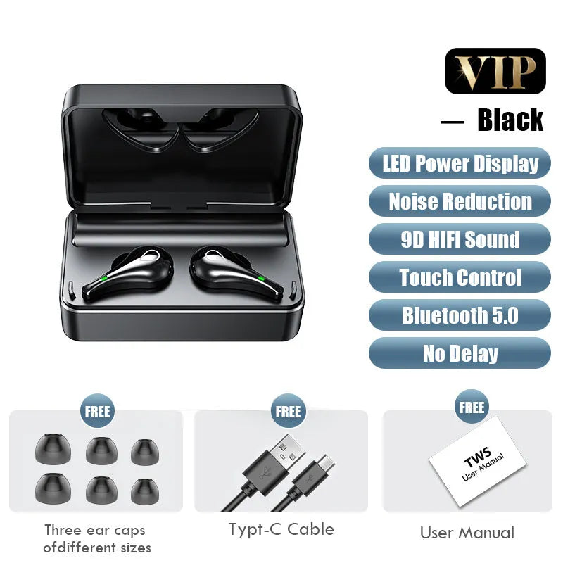 Black wireless Bluetooth in-ear headphones with microphone, silicone ear tips and charging box