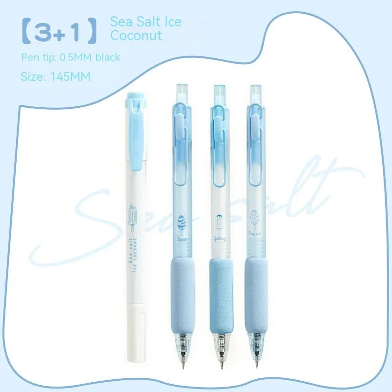 Four double headed fluorescent pens with 0.5mm tips for calligraphy practice.