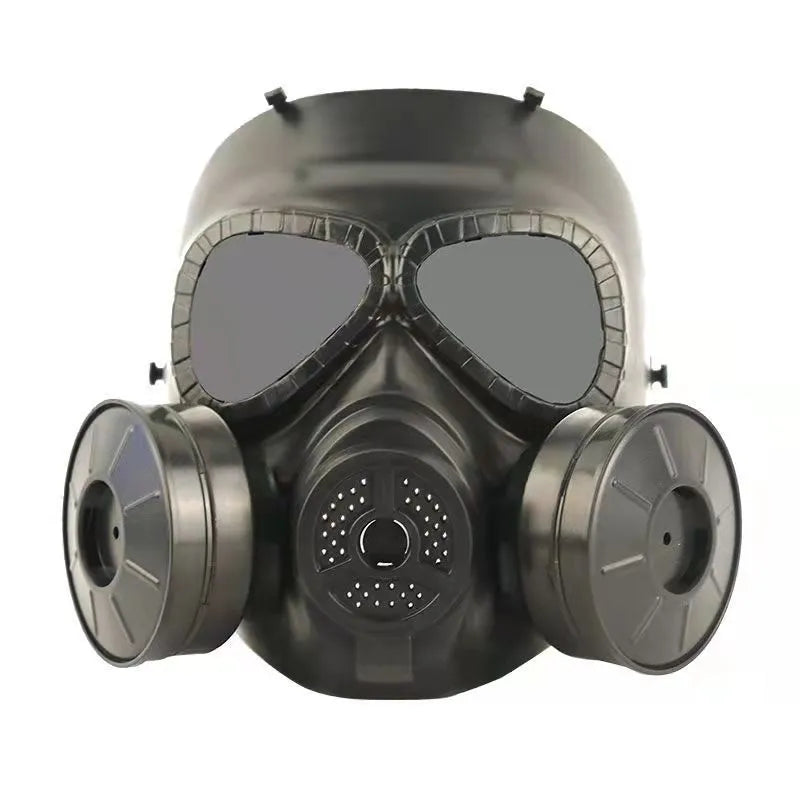 Real-life Field Equipment twin fan mask in black with transparent lens, head-mounted TPR design for outdoor use