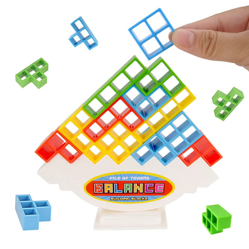 Plastic balance stacking game with 16 colourful building blocks on a square chassis