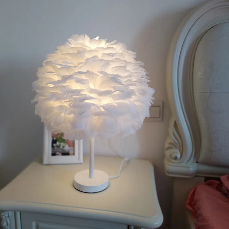 Handmade feather table lamp, about 30cm outer diameter, 40cm height, metal holder, 220V, white pink apricot or grey