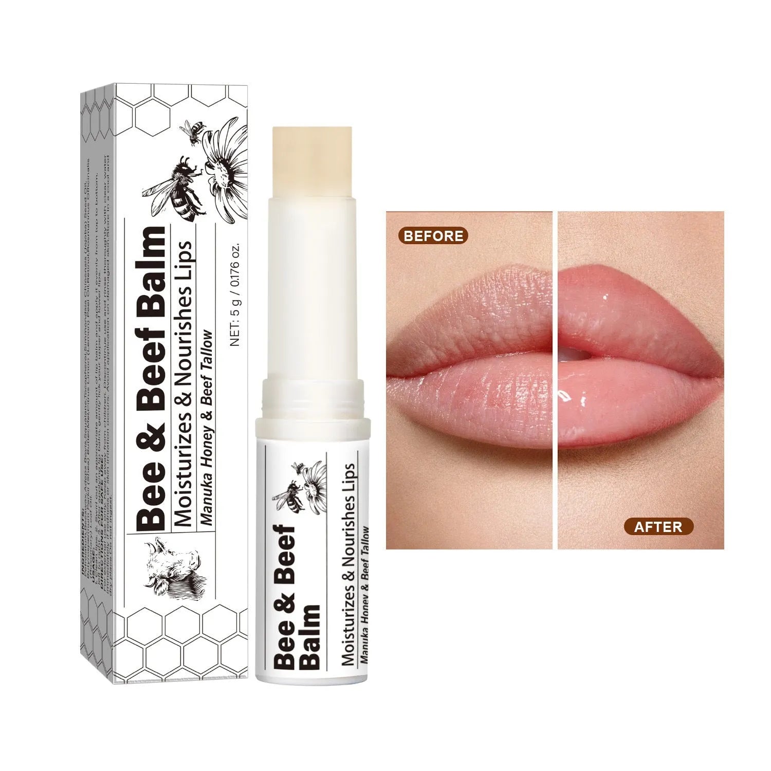 Beef fat lip balm tube with organic grass-fed butter, 83mm by 19mm dimensions