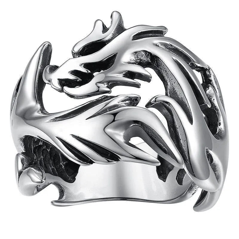 Adjustable Chinese style ring with luminous dragon pattern in antique silver blue and green