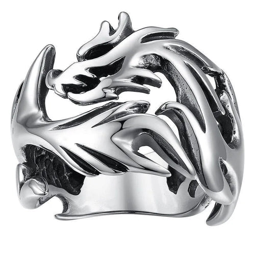 Adjustable Chinese style ring with luminous dragon pattern in antique silver blue and green