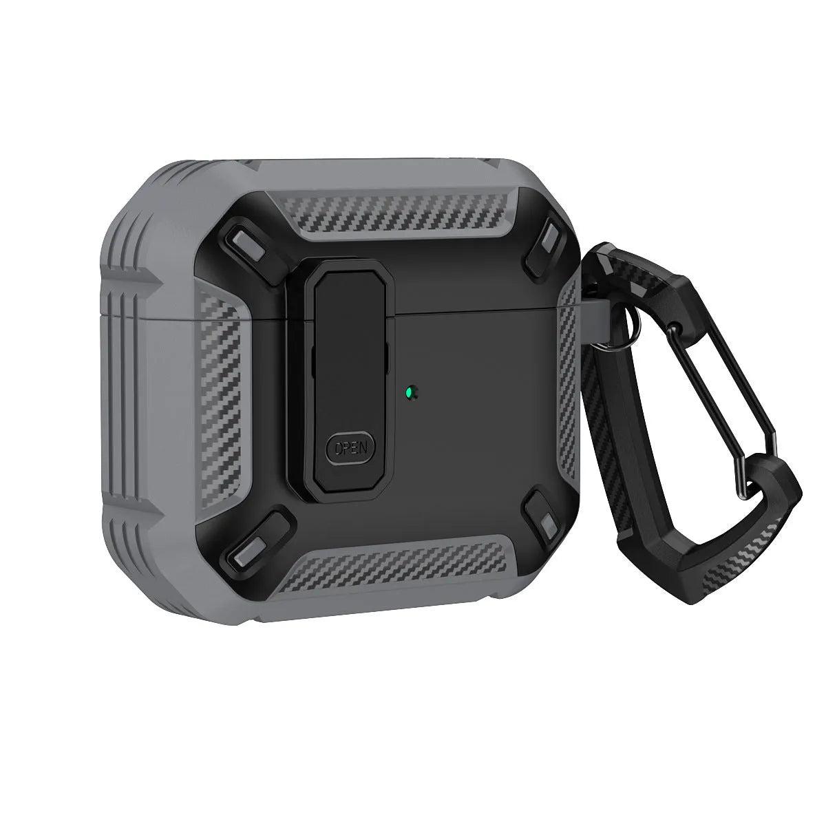 Clamshell plastic protective case for AirPods in two-colour Black and Yellow design with a metal hook attached.