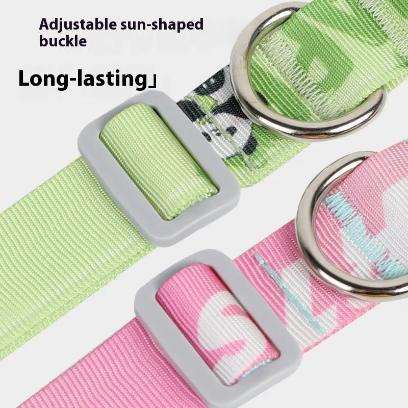 Adjustable nylon dog collar with vibrant cartoon gradient colours and a metal buckle on a green background.