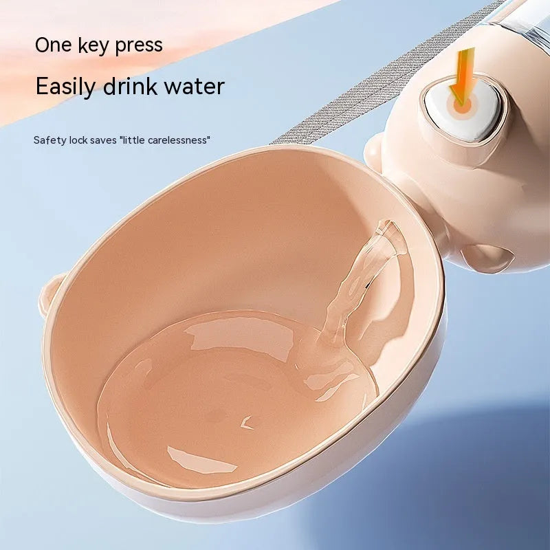 Portable dog water bottle and feeder bowl in brown, pink, or yellow colours.
