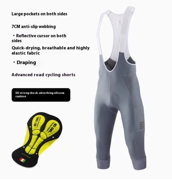 Black seven-inch cycling shorts with a shock-absorbing cushion, compression fit, and side pockets.