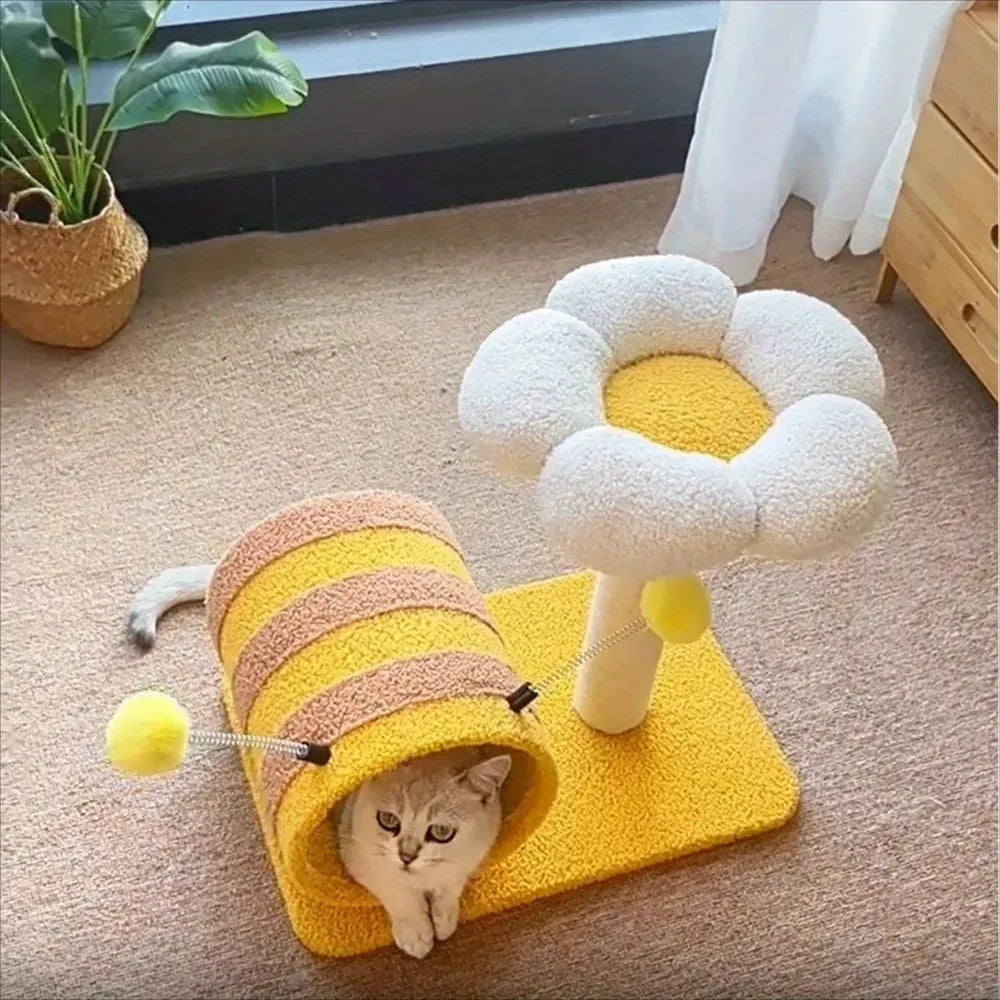 Yellow four-in-one cat tree with sisal scratching post and built-in tunnel.